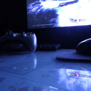 video game controller and console in dark room